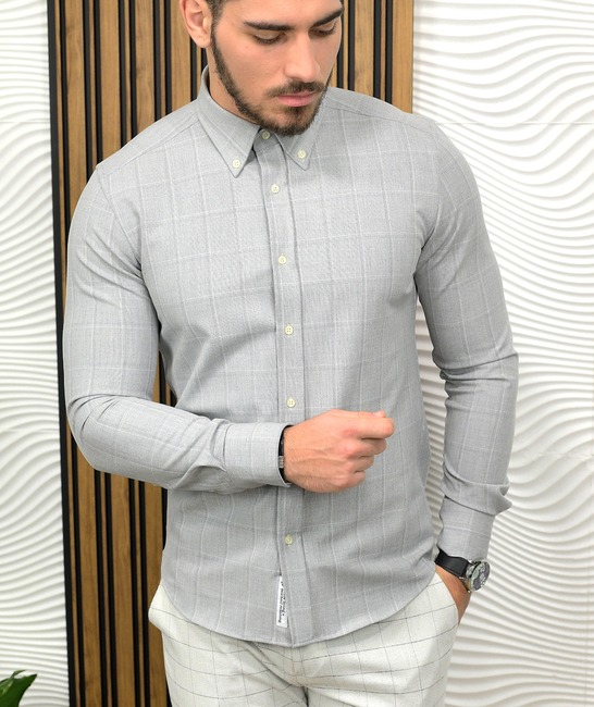 Елегантна плътна памучна мъжка риза в сиво каре