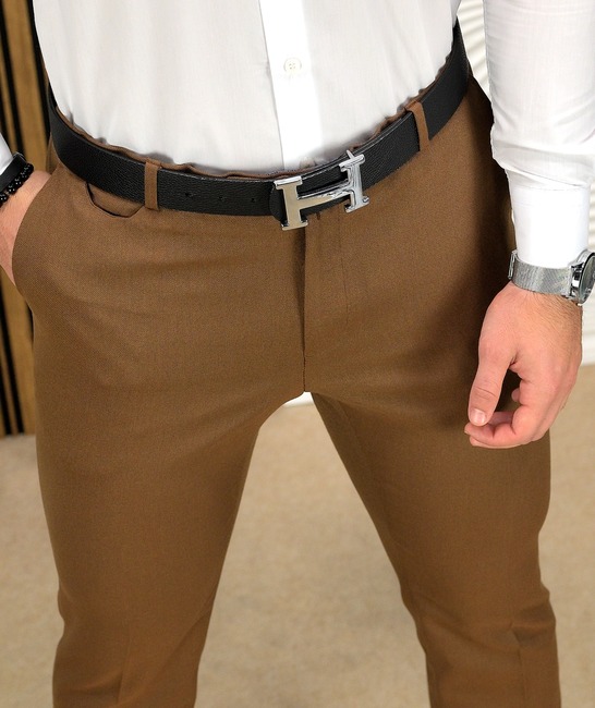 Елегантен мъжки панталон в кафяво с италиански джоб