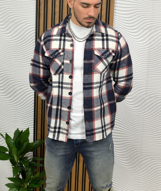 Мъжка риза flannel на каре с два джоба в синьо и кафяво