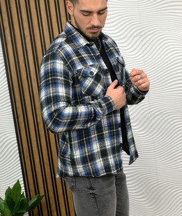 Зимна бархетна мъжка риза на каре в синьо и зелено