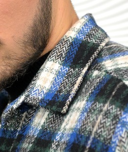 Зимна бархетна мъжка риза на каре в синьо и зелено