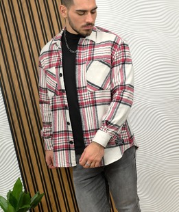 Мъжка полирана риза на каре в цвят вишна