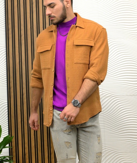Мъжка плътна зимна риза с два джоба в кафяво