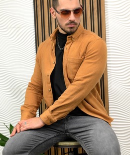 Зимна риза в светло кафяво мъжка с джоб