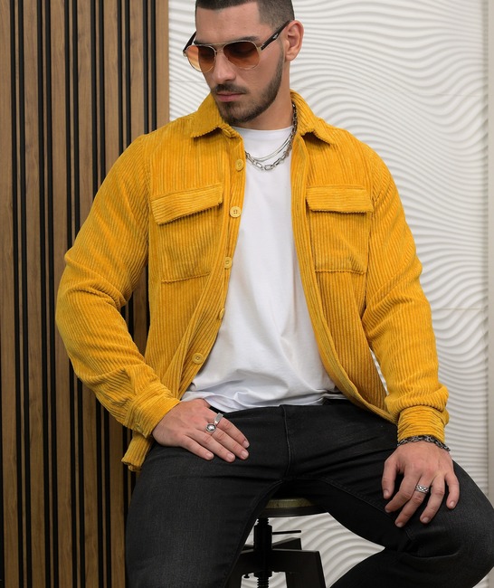 Мъжка стилна джинсова риза в цвят горчица