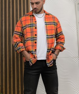 Зимна мъжка карирана риза oversize в оранжево