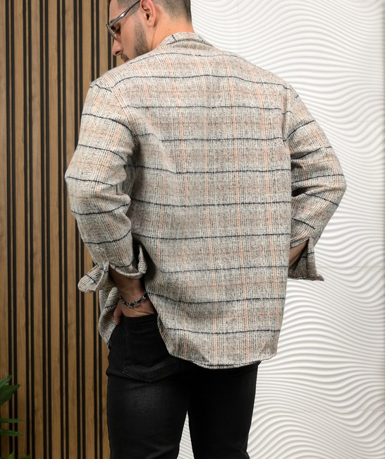 Мъжка бархетна зимна риза с бежово каре