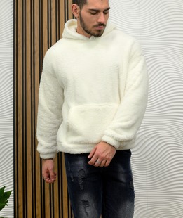 Мъжко плюшено бяло худи с качулка