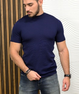 Тъмно синя блуза с къс ръкав тип боди с поло яка