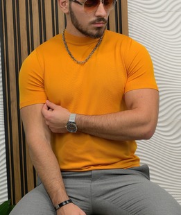 Мъжка блуза с къс ръкав в горчица с поло яка