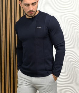 Тъмно синя памучна блуза с дълъг ръкав