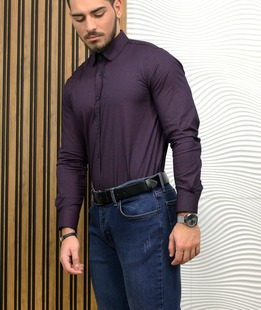 Раирана памучна риза с малки кръгчета в бордо