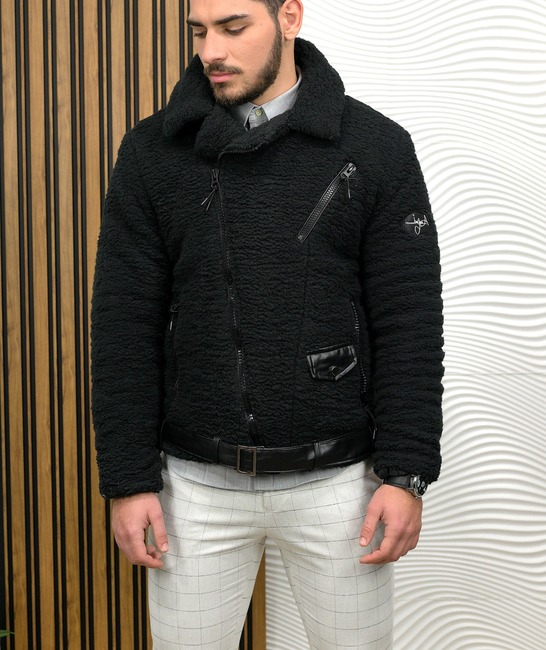 Зимно стилно яке от каракул в черно мъжко