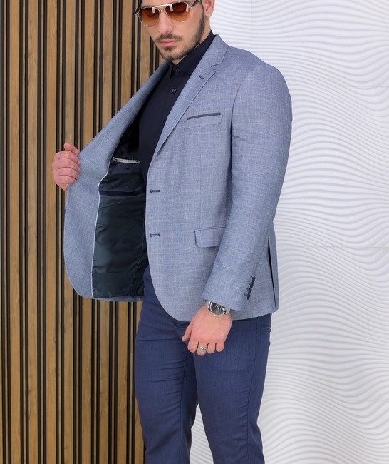 Висококачествено мъжко стилно карирано сако в синьо