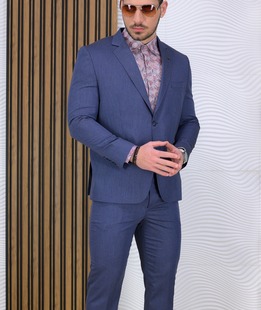 Премиум мъжки структурен син костюм Regular Fit