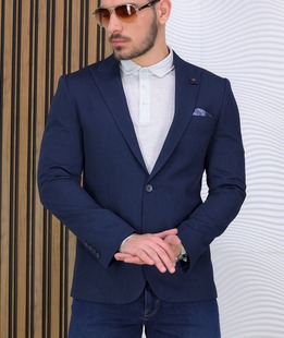 Стилно структурно мъжко Slim Fit сако в тъмно синьо