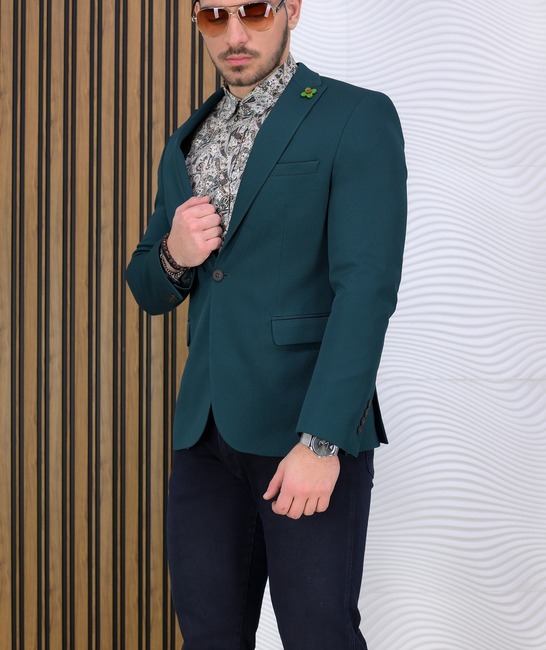 Мъжко стилно структурно зелено сако Slim Fit