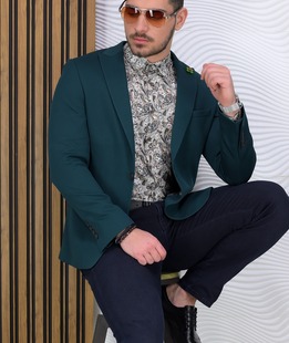 Мъжко стилно структурно зелено сако Slim Fit