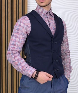 Мъжки двуредов елек втален силует със ситна структура син