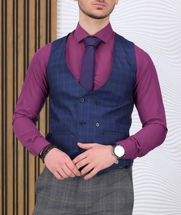 Тъмно син изискан кариран елек с филетни джобове