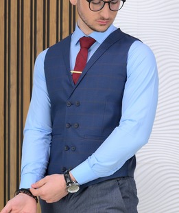 Елегантен мъжки кежуал кариран елек в синьо