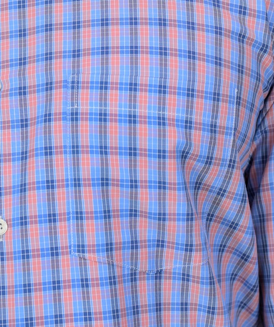 Комфортна карирана риза с джоб в оранжево и синьо