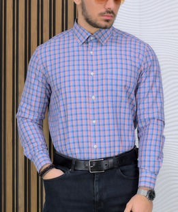 Комфортна карирана риза с джоб в оранжево и синьо