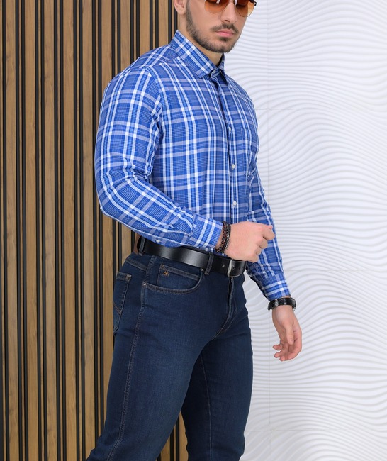 Синя трендова мъжка карирана риза с джоб