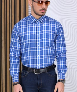 Синя трендова мъжка карирана риза с джоб