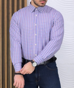 Карирана мъжка риза с джоб в синьо и бордо