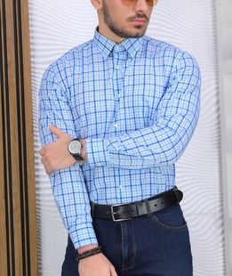 Удобна карирана мъжка риза в синьо и зелено с джоб