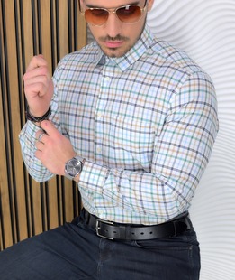 Стилна карирана мъжка риза с джоб в зелено и кафяво