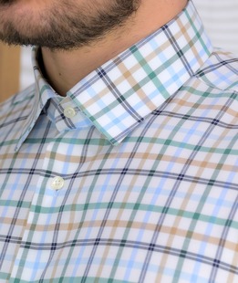 Стилна карирана мъжка риза с джоб в зелено и кафяво