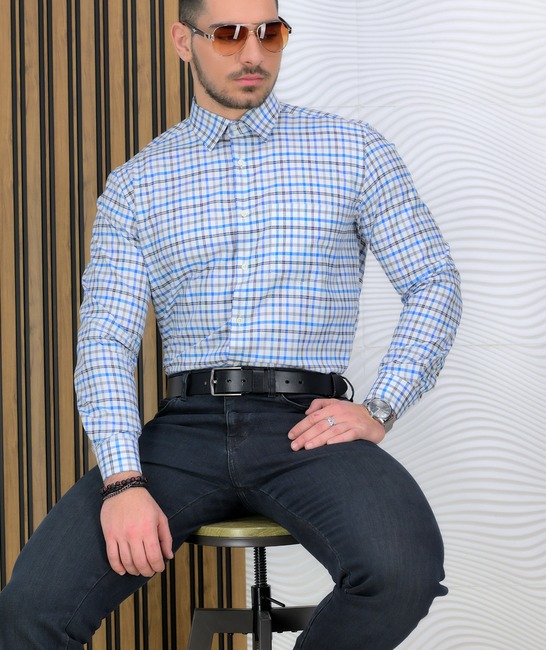 Изискана мъжка карирана риза в синьо и черно с джоб