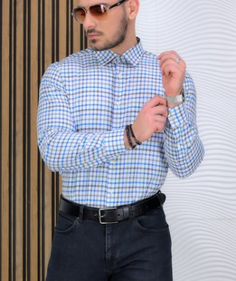 Изискана мъжка карирана риза в синьо и черно с джоб