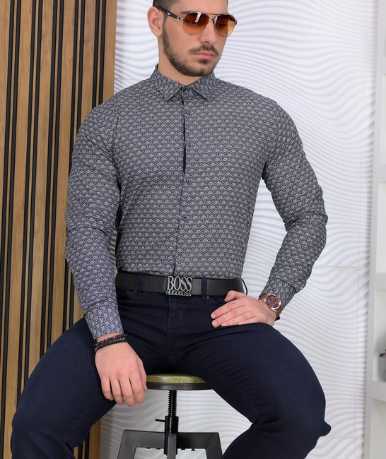 Комфортна мъжка риза от памук на черно дъговидни елементи