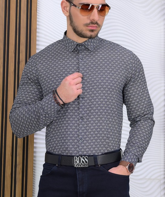 Комфортна мъжка риза от памук на черно дъговидни елементи
