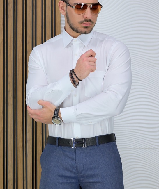 Високо качествена бяла мъжка риза с джоб Regular Fit