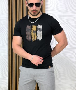 Модерна мъжка тениска в черно с апликация палми