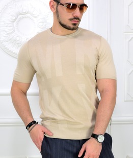 Мъжка изтънчена плетена блуза с къс ръкав и орнаменти в бежово