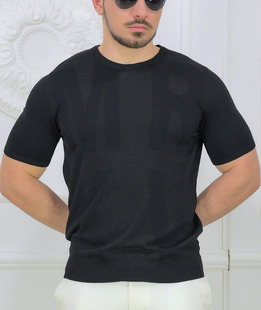 Елегантна черна фланелка с къс ръкав от тънко плетиво