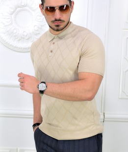 Мъжка луксозна тениска с яка плетена в бежово