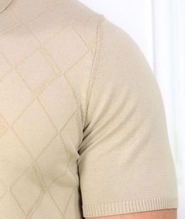 Мъжка луксозна тениска с яка плетена в бежово