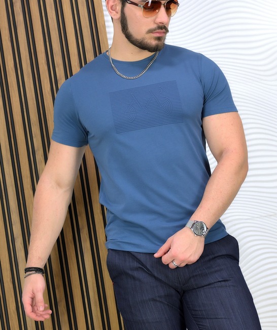 Стилна мъжка блуза с къс ръкав в синьо
