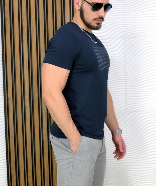 Тъмно синя Slim Fit Casual тениска с апликация колело