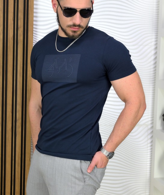 Тъмно синя Slim Fit Casual тениска с апликация колело