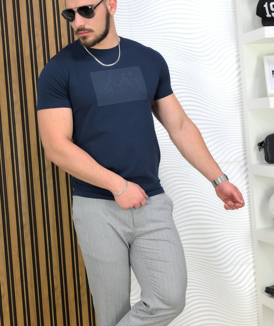 Тъмно синя Slim Fit Casual тениска с апликация колело