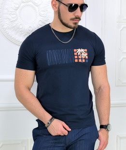 Модерна мъжка тениска в синьо с палми