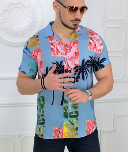 Синя мъжка комфортна риза с къс ръкав на палми