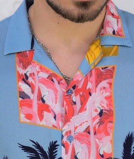 Синя мъжка комфортна риза с къс ръкав на палми